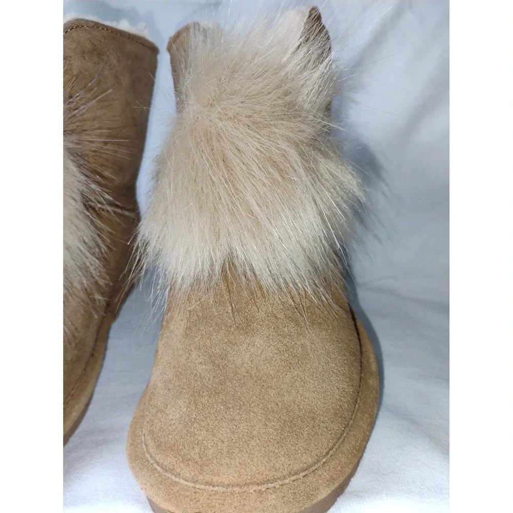 Bearpaw Suede Boots with Fur Pom Pom Detail - Women's‎ Winter Ankle Boots